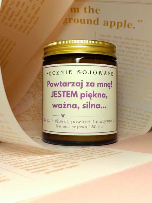 Świeca sojowa powtarzaj za mną Jestem Piękna Ważna Silna(180ml)-[śliwka] reczniesojowane.pl.m.jpg